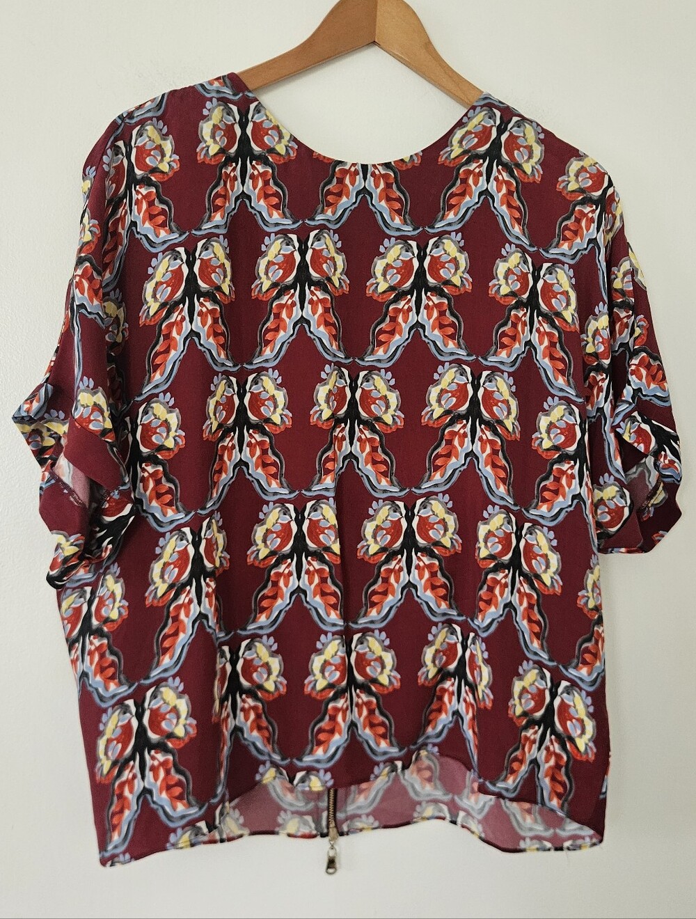 Exquise Womens Top 8 Blouse Bird Boho Red Oversize Dolman Sleeve Relaxed Satin